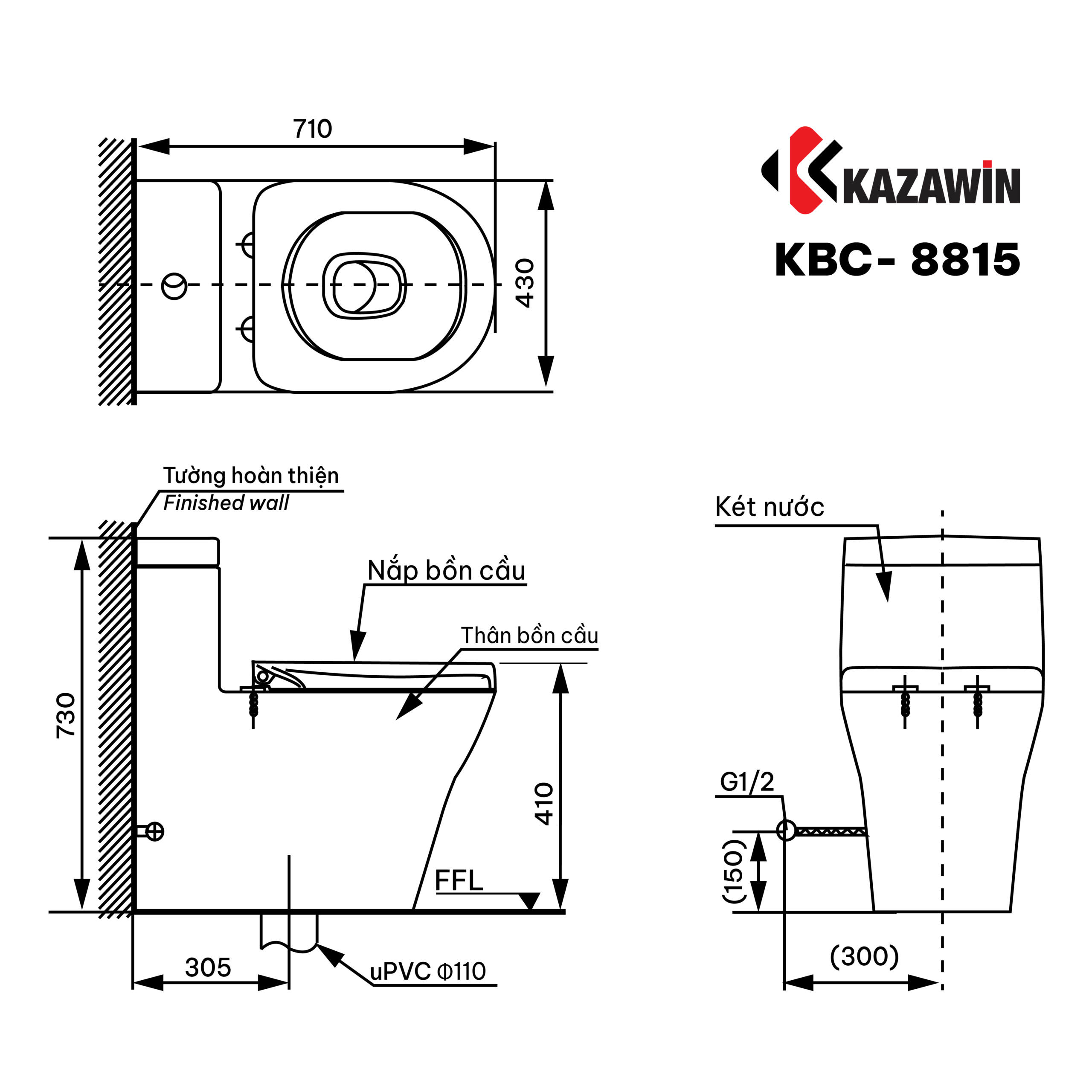 Thông số Bồn Cầu Một Khối KAZAWIN KBC 8815 Thông số Bồn Cầu Một Khối KAZAWIN KBC 8815